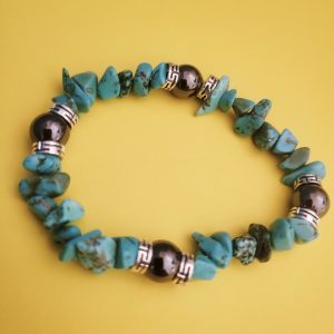Turquoise Stone And Hematite Bead Stretch Bracelet S, M, L, XL
