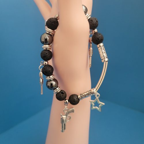 Ladies Silver Six Shooter Charm Bracelet With Lava Rock S M L XL