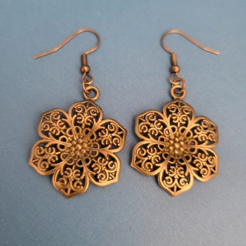Large Filigree Flower Pierced Earrings - Bronze