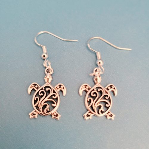 Silver Filigree Turtle Pierced Earrings - 925 Sterling Silver Setting