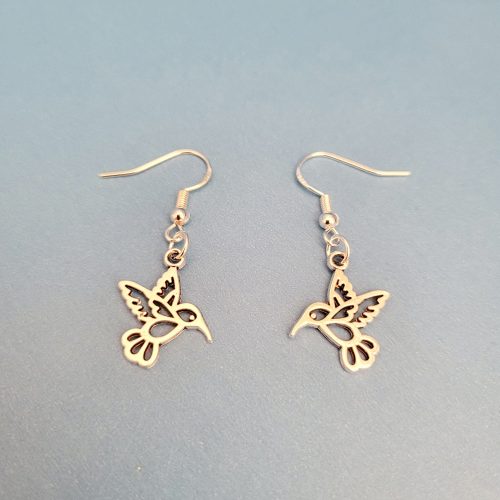 Silver Color Hummingbird Charm Pierced Earrings - 925 Sterling Silver Setting