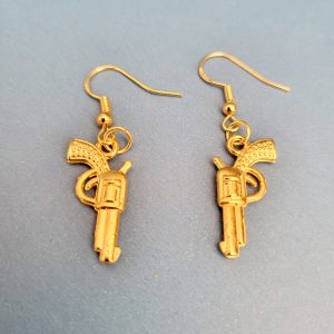 Golden Six Shooter Revolver Pierced Earrings