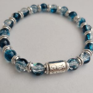 Mens Blue Crackle Glass Stretch Bracelet With Antiqued Silver Accents