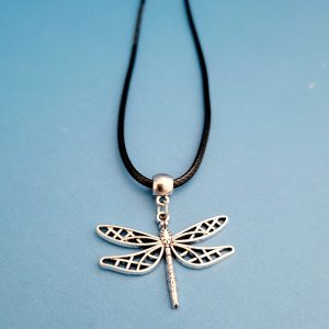 20 Inch Black Leather Cord Necklace With Silver Color Dragonfly (1)