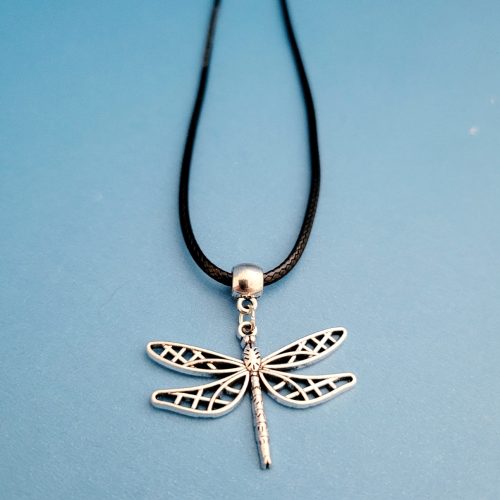 20 Inch Black Leather Cord Necklace With Silver Color Dragonfly (1)