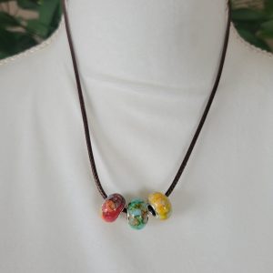 18 Inch Brown Leather Cord Necklace With 3 Euro Style Beads (1)