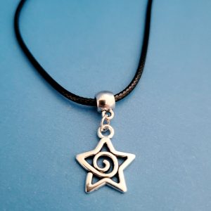 18 Inch Black Leather Cord Necklace With Silver Swirl Star (1)