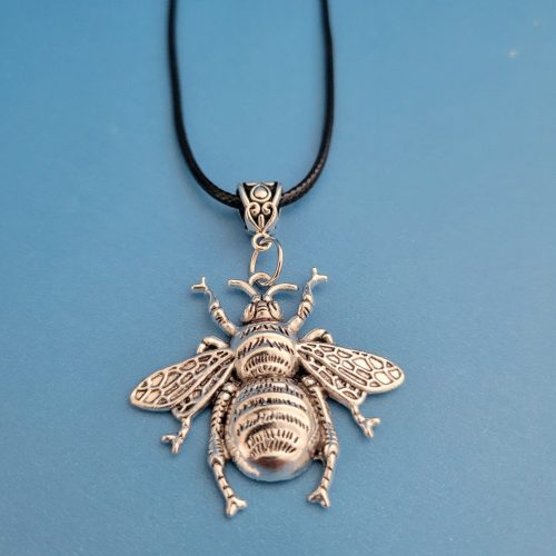 20 Inch Black Leather Cord Necklace With Silver Queen Bee (1)