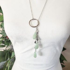 Green Aventurine O-ring Slip Chain Necklace With Silver Leaves