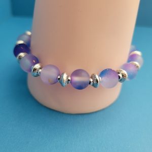 Frosted Purple Glass Bead Stretch Bracelet Gold Flakes