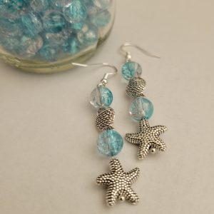 Coastal Breezes Beaded Ocean Blue Crackle Glass Earrings