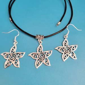Trio - Leather Cord And Star Necklace With Pierced Earrings