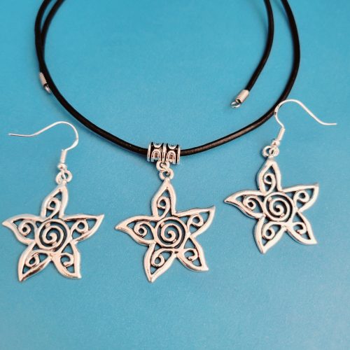 Trio - Leather Cord And Star Necklace With Pierced Earrings