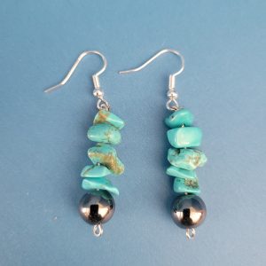 Turquoise Horizon Pierced Earrings With Hematite And Sterling Silver Setting