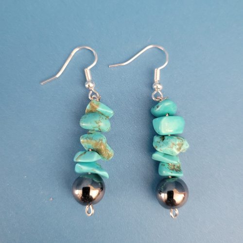Turquoise Horizon Pierced Earrings With Hematite And Sterling Silver Setting