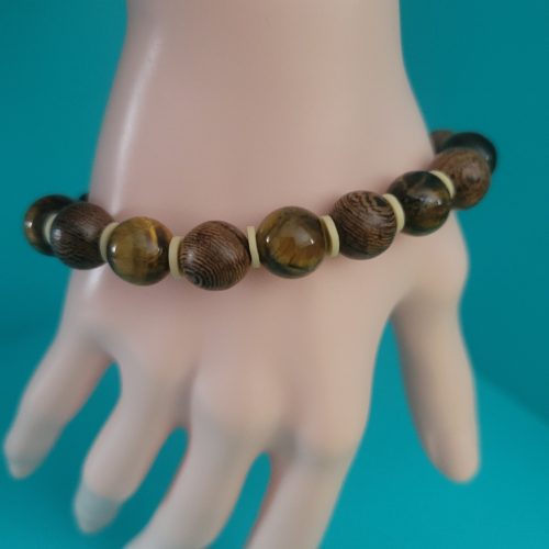 Mens Tiger Wood Stretch Bracelet Wood Beads And Tiger Eye Stones