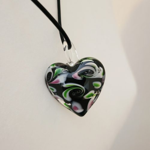 Vintage Estate Murano Style Black Glass Heart Pendant Leather Necklace