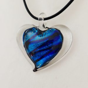 Vintage Estate Murano Style Glass Blue Heart Pendant Leather Necklace