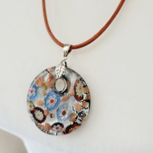 Vintage Estate Millefiori Murano Style Round Pendant Necklace With Real Leather