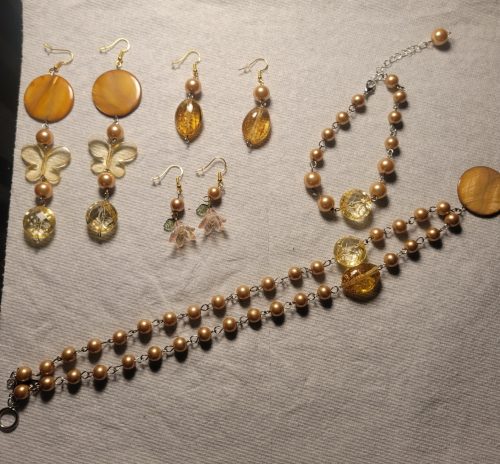 Vintage Estate 70s Jewelry Set - 3 Pair Earrings, Bracelet, Necklace Amber Butterfly