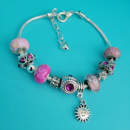 Vintage Estate - Pandora Style Pink And Silver Color Charm Bracelet