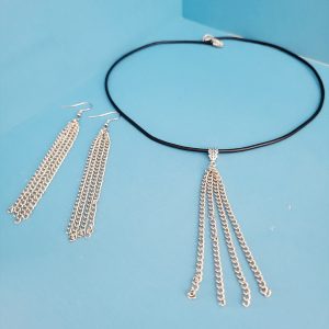 Estate 3 Pc Set - Stainless Steel And Leather Necklace And Fringe Earrings