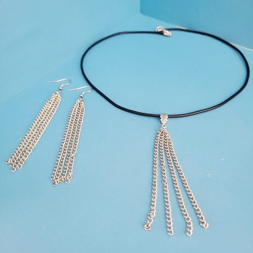 Estate 3 Pc Set - Stainless Steel And Leather Necklace And Fringe Earrings