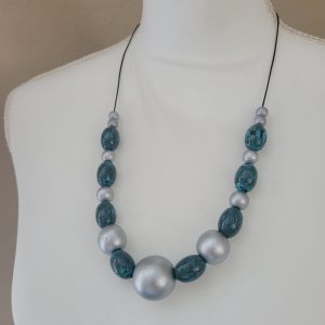 Vintage - 3 Pc Set Teal And Silver Necklace, Bracelet And Earrings