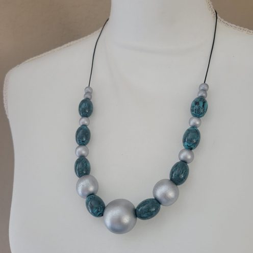 Vintage - 3 Pc Set Teal And Silver Necklace, Bracelet And Earrings