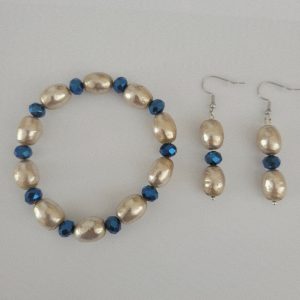 2 Piece Set Vintage Estate Upcycled Gold And Blue Earrings And Matching Stretch Bracelet