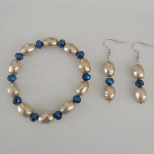 2 Piece Set Vintage Estate Upcycled Gold And Blue Earrings And Matching Stretch Bracelet