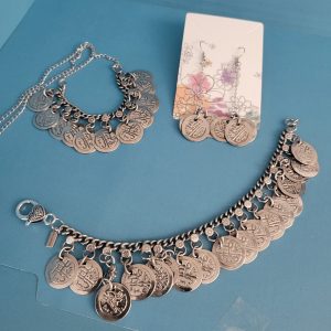 3 Pc Vintage Estate Belly Dancer Coin Chain Upcycled Necklace, Bracelet, Earrings