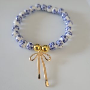 Chinese Blue Flower Porcelain With Golden Bow Stretch Bracelet