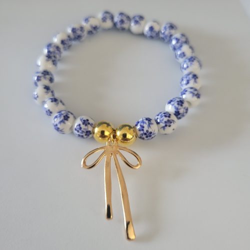 Chinese Blue Flower Porcelain With Golden Bow Stretch Bracelet