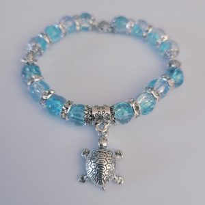 Blue Ocean Turtles Charm Bracelet With Crackle Glass Beads