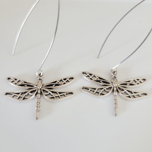 Fancy Filigree Dragonfly Long Drop Stainless Steel Earrings