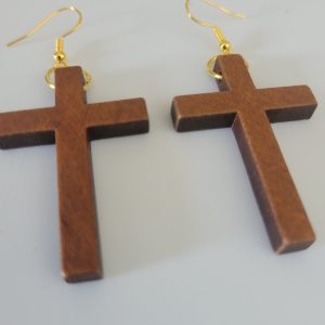 Wooden Christian Cross Earrings, Gold, Bronze, Or Stainless