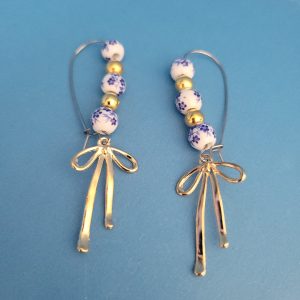 Asian Golden Bowknot Blue Flower Floral Porcelain Bead Earrings