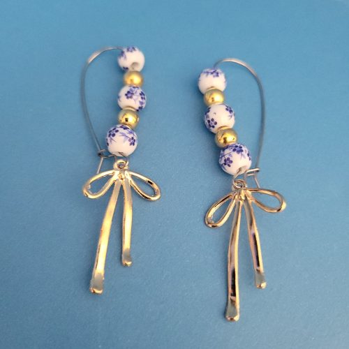 Asian Golden Bowknot Blue Flower Floral Porcelain Bead Earrings