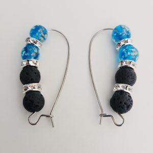 Glow In The Dark Blue Firefly Glass - Black Lava Rock And Rhinestone Earrings
