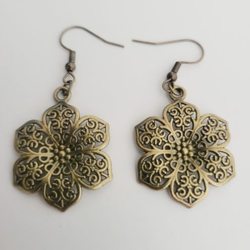 Large Filigree Flower Charm Earrings - Bronze