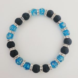 Ladies Glow In The Dark Blue Firefly Glass, Lava Rock, Rhinestone Stretch Bracelet