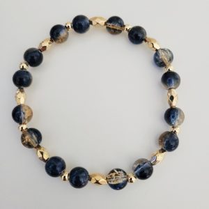 Mens Midnight Blue Crackle Glass Stretch Bracelet With Gold Accents