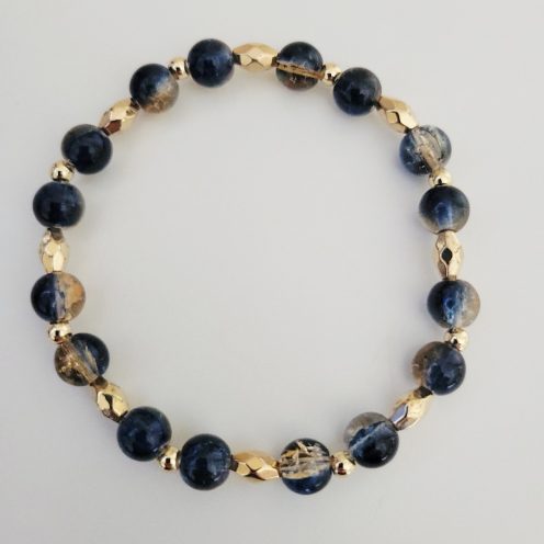 Mens Midnight Blue Crackle Glass Stretch Bracelet With Gold Accents