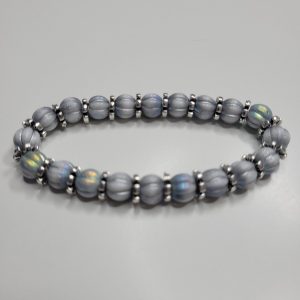 Silver Washed Opaque White AB Melon Glass Bead Stretch Bracelet With Heishi Spacers