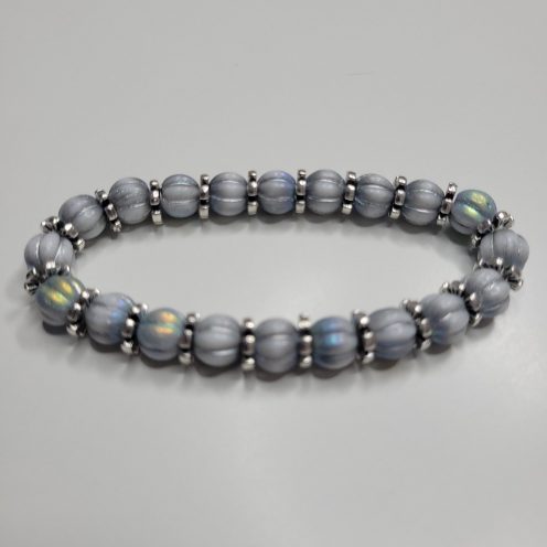 Silver Washed Opaque White AB Melon Glass Bead Stretch Bracelet With Heishi Spacers