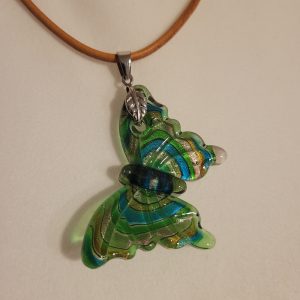 Vintage Estate Amazing Murano Style Sand Glitter Glass Butterfly Pendant Leather Necklace