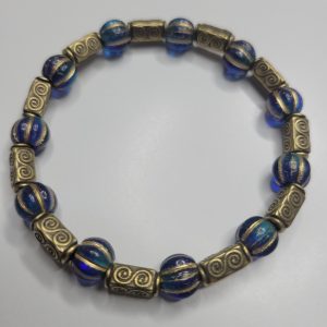 Gold Washed Blue Nile Czech Glass And Bronze Tube Bead Stretch Bracelet