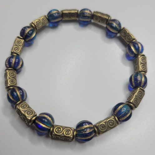 Gold Washed Blue Nile Czech Glass And Bronze Tube Bead Stretch Bracelet