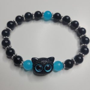 Black Chinese Asian Cat Stretch Bracelet With Obsidian Beads Blue Eyes